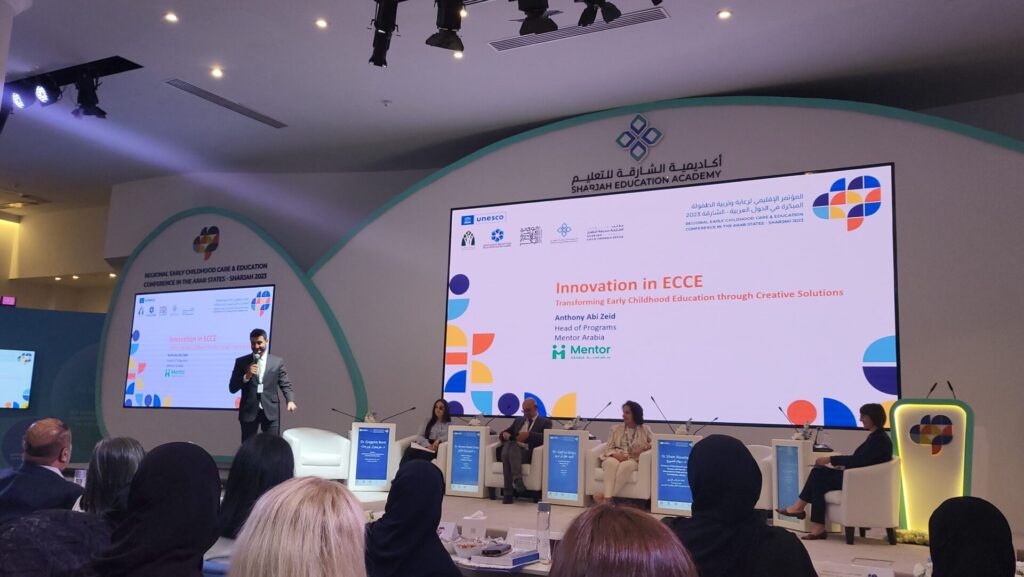 Anthony Abi Zeid speaking at UNESCO regional conference about innovation in Mentor Arabia's programs targeting ECCE